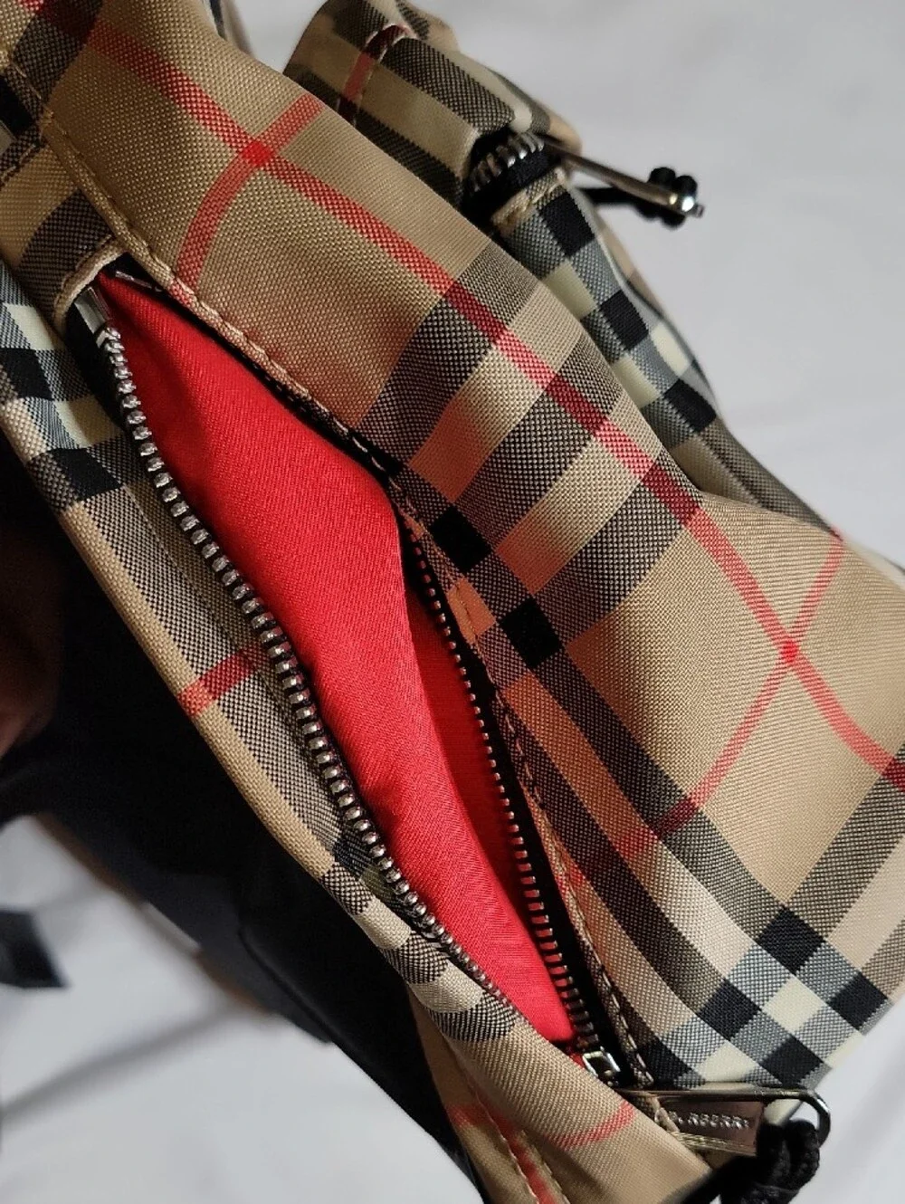 Burberry Beige Plaid Backpack with Black & Red Accents